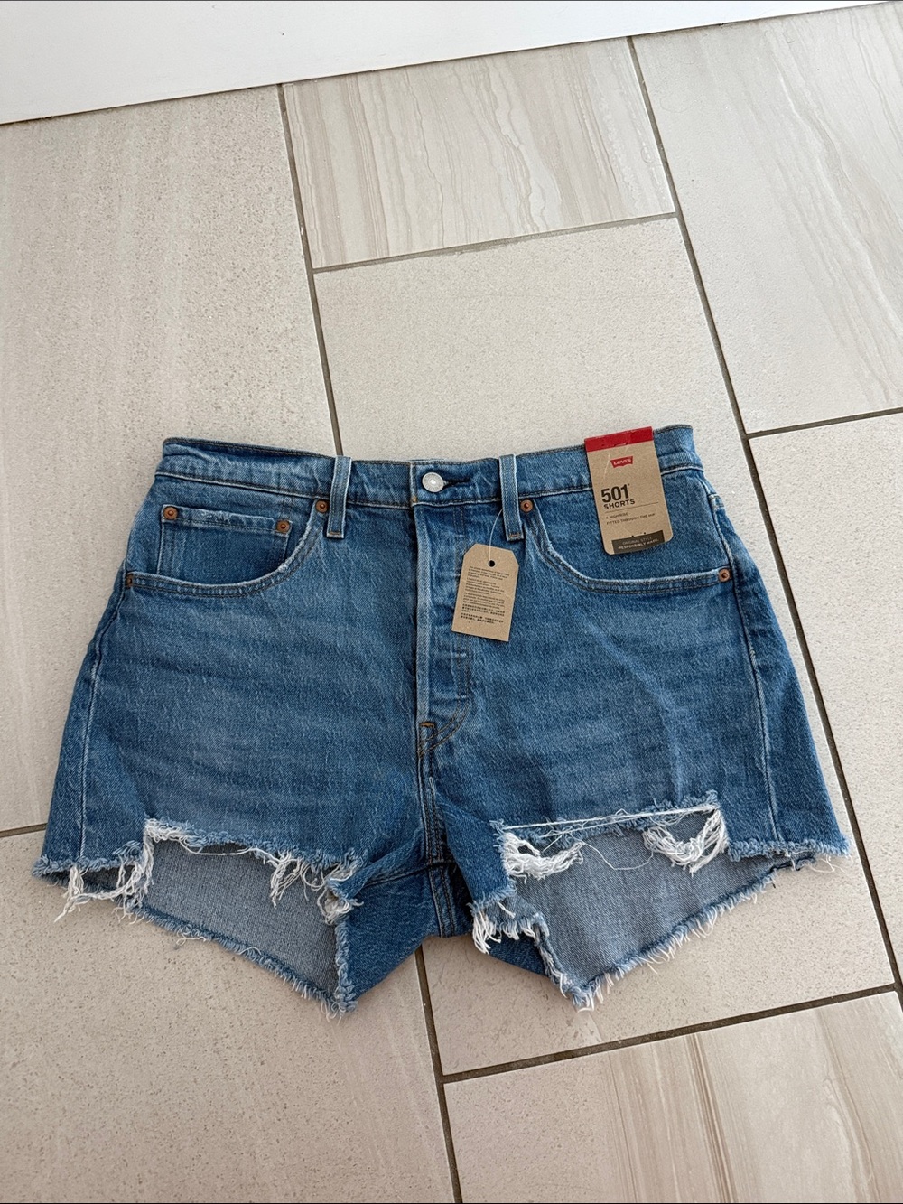 Levi's 501 Raw Hem Distressed Denim Shorts - Blue